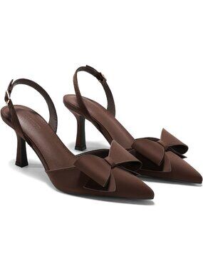 Women's Chocolate Slingback Kitten Heel Bow Satin Closed Toe Wedding Pumps Shoes